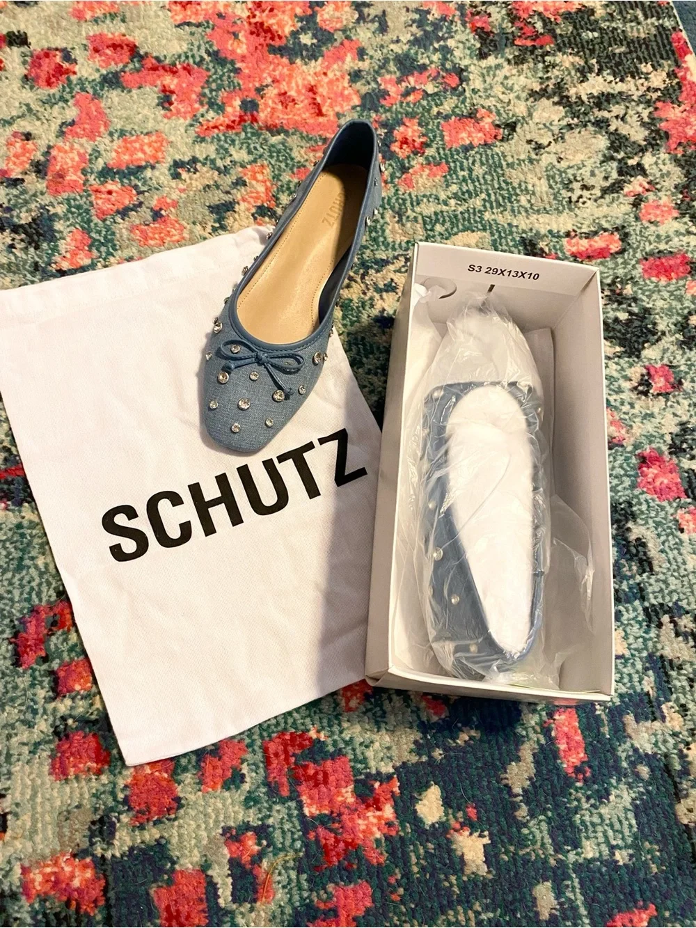 SCHUTZ Blue Denim Ballet Flats With Crystal Embellishment Size 9.5 NEW With Box